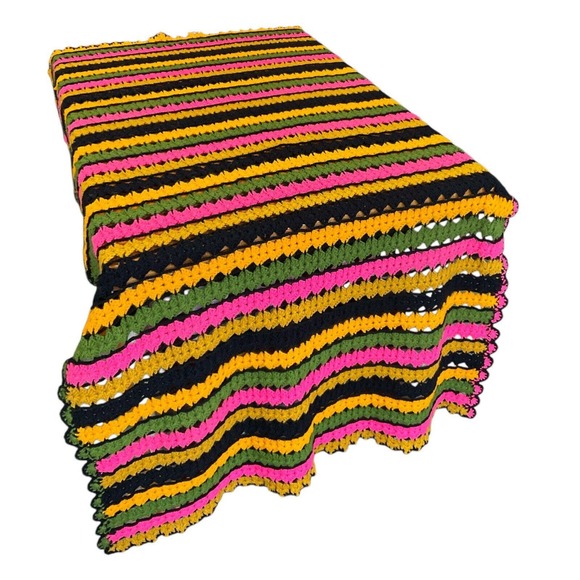 Handmade Other - Vintage Handmade Crochet Striped Afghan Retro Boho Sofa Throw Blanket